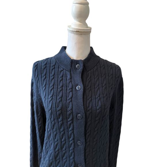 LL Bean Double L Cable Knit Cardigan Sweater Classic Navy Blue LP - Picture 4 of 8